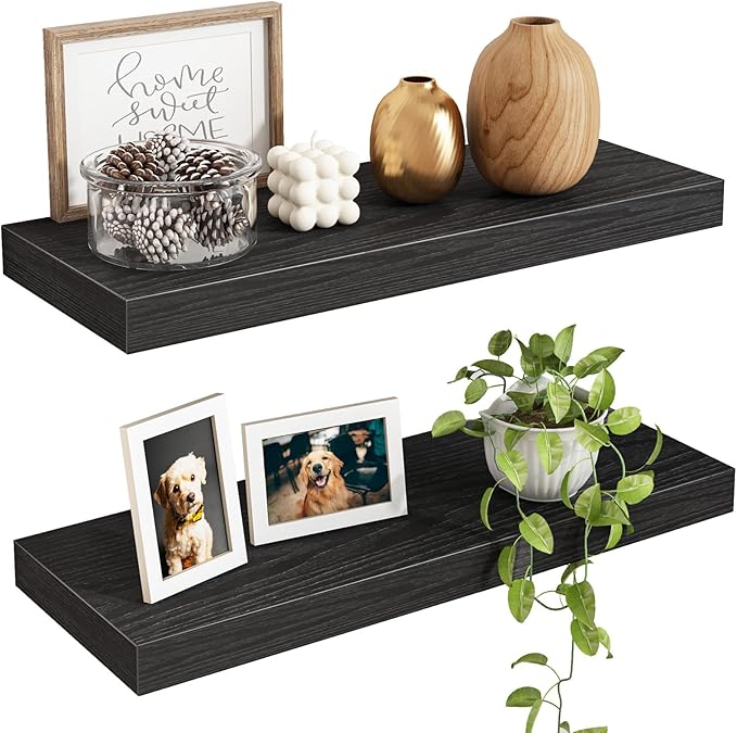 Fixwal Floating Shelves for Wall, 15.7" Wood Wall Mounted Shelves for Living Room, Bedroom, Bathroom and Kitchen, for Storage, Books, Room Decor (Black, Set of 2)