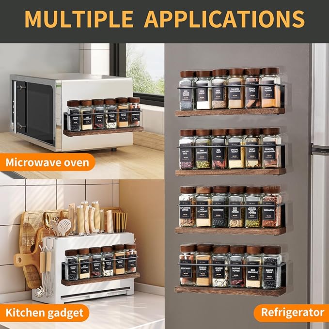 4 Pack Strong Magnetic Spice Rack Organizer for Refrigerator and Microwave Oven, Metal Fridge Shelf, Space Saver for Kitchen Organization and Storage, Black