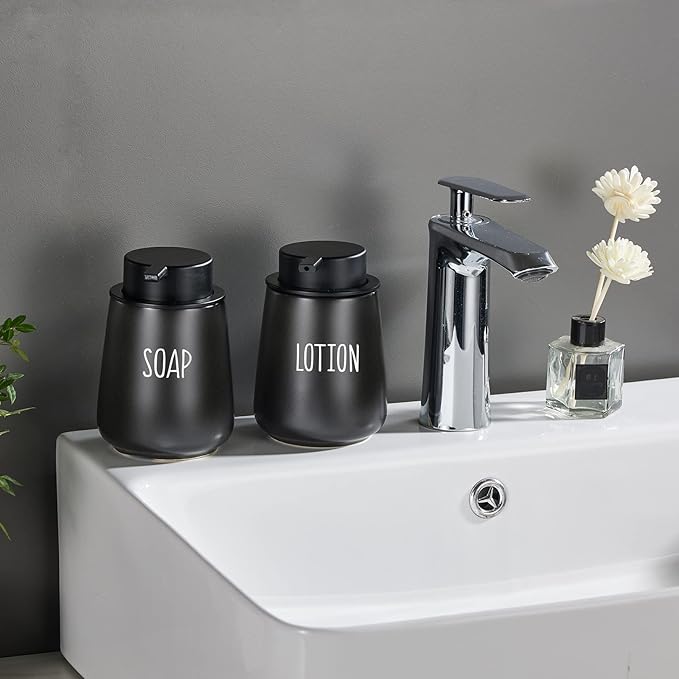 12Oz Black Soap Dispenser Set - Ceramic Lotion Hand Soap Dispenser Set with Easy-to-Press Black Pump, Refillable Mordern Liquid Dish Soap Dispensers for Bathroom & Kitchen, 2 Pack