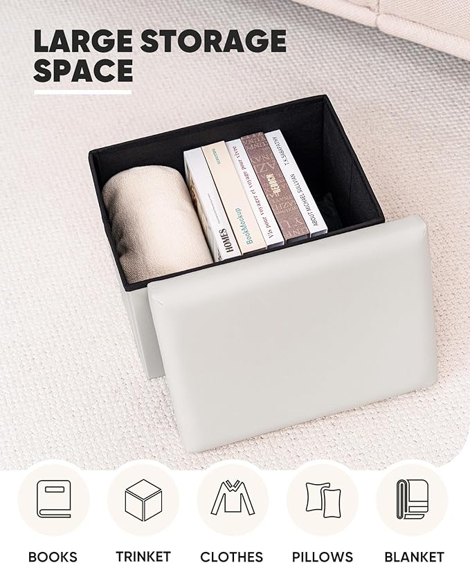 B FSOBEIIALEO Folding Storage Ottoman Cube Faux Leather Ottomans for Living Room, Bedroom, Home Office, Dorm Storage Footrest White 16.5"x12.6"x12.6"