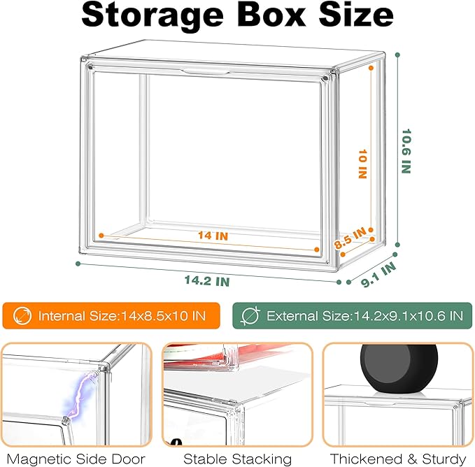 10 Pack Purse Organizer for Closet, 14.1''x8.6''x10.9 '' Clear Acrylic Display Case with Magnetic Door, X-Large Plastic Stackable Handbag Organizer for Collectibles, Figures, Size 14 Shoes, Cosmetic