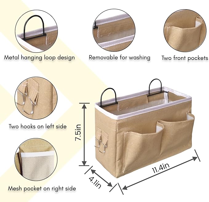 Kanrichu 2pcs Middle Wall Hanging Organizer Bag, Linen Fabric Door Hanging Storage Basket with Pockets, Waterproof Bin for Kitchen, Bedroom, Office, RV Camper (Khaki)