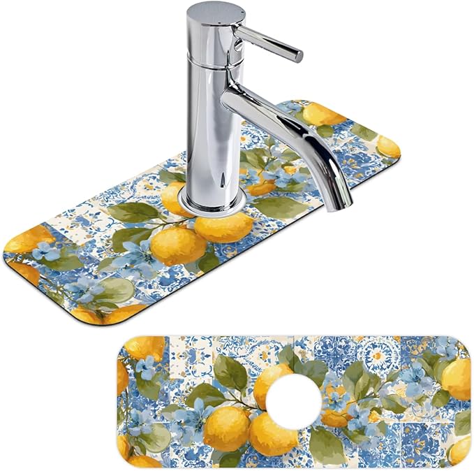 Lemon Sink Faucet Absorbing Mat, Blue Flower Kitchen Faucet Pad, Fresh Sink Splash Guard, for Bathroom Kitchen Sink Faucet Mat Drying Mat 15.4"x5.7", Home Decoration Present