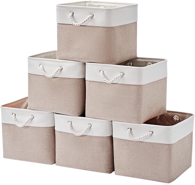 13×15×13 Inch Storage Cubes,6 Pack Cube Storage Bins for Shelves,Fabric Collapsible Storage Bins with Handles, Foldable Storage Basket for Organizing Clothes,Books (White&Beige,13"x15"x13")