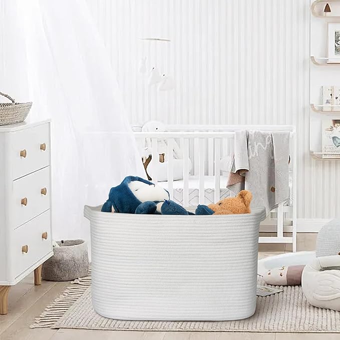 Extra Large White Storage Basket, 23.6" x 17" x 12" Rectangle Blanket Storage for Living Room, White Woven Cotton Rope Basket, Big Kids Toy Box Bin, XXXL Wicker Laundry Baskets for Organizing