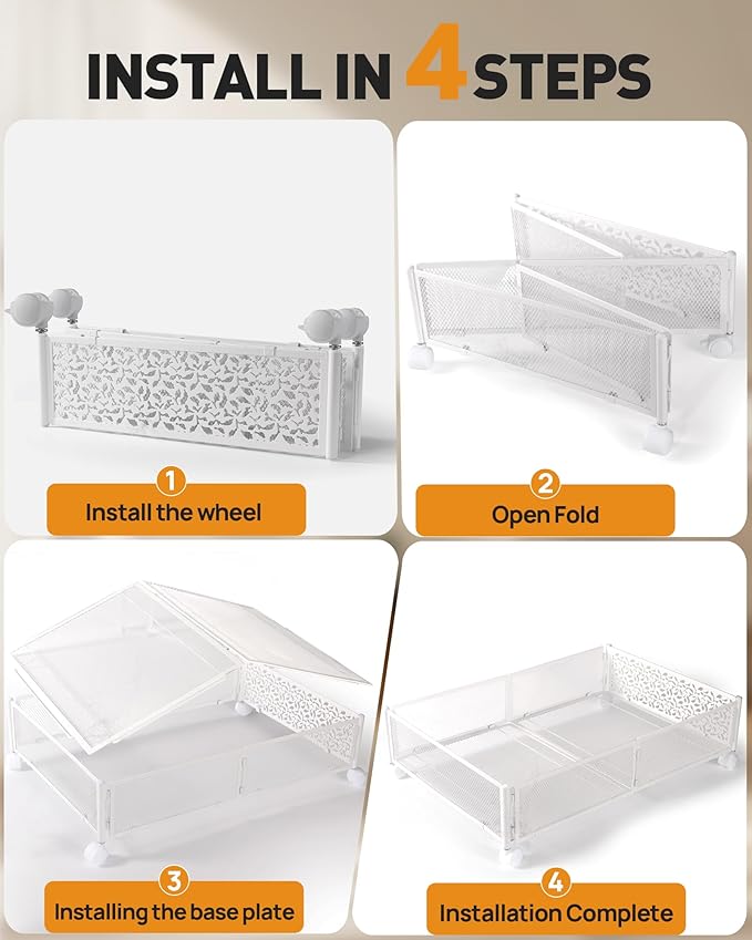 Under Bed Storage With Wheels - 60L Foldable Pattern Carved Metal Container, Rolling Underbed for Shoes, Clothes, Blankets - Easy Assembly