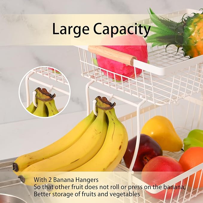 2 Tier Detachable Fruit Basket Bowl with 2 Banana Hangers, Fruit Stand Holder for Kitchen Countertop, Metal Wire Vegetable Storage Organizer, for Bread Snack Veggies Produce, White