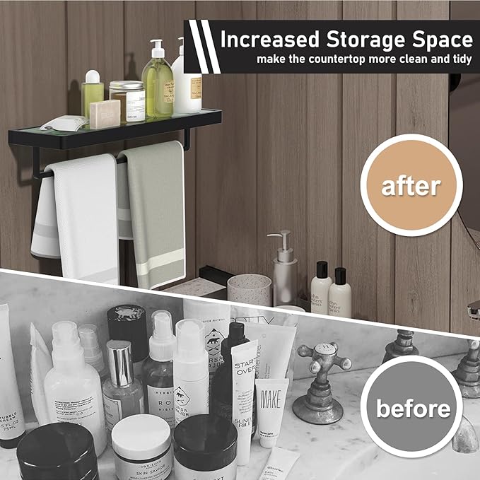 SFGSOWOR Floating Glass Shelves for Bathroom 20-in with Towel Bar/Tempered Glass Rectangular 1 Tier Organizer Shelf (Matte Black, 20'')