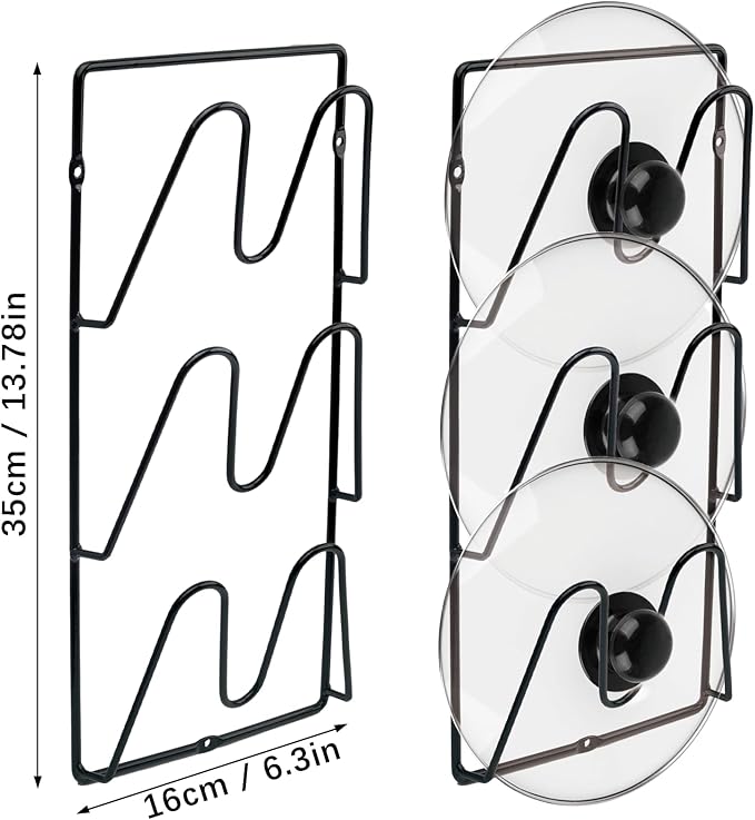 2 Pack Pot Lid Organizer, 6-Tier Pots & Pans Lid Holder Organizer for Cabinet or Wall/Door Kitchen Storage, No-Drill Adhesive Mount, Space-Saving Solution