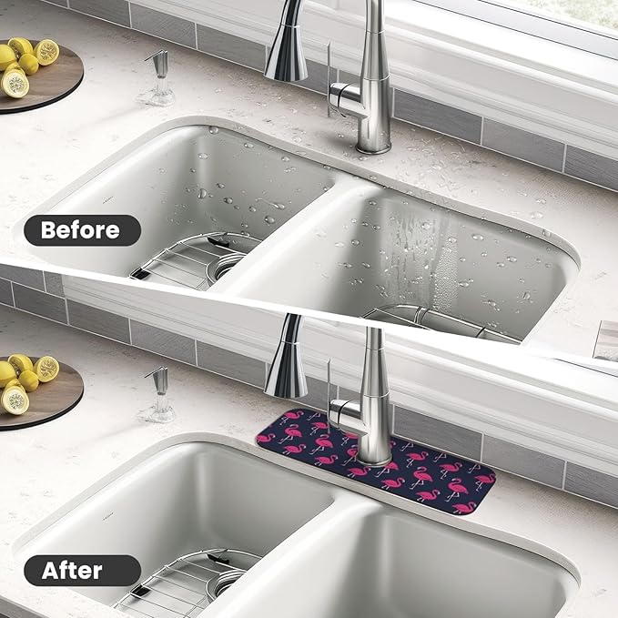 Abstract Summer Tropical Blue Pink Flamingo Flamingos Hawaii Hawaiian Kitchen Sink Splash Guard Faucet Mat Super Absorbent Fast Drying Mat Sink Drying Pad Sink Mat For Kitchen Bathroom (15" X 5.5" )