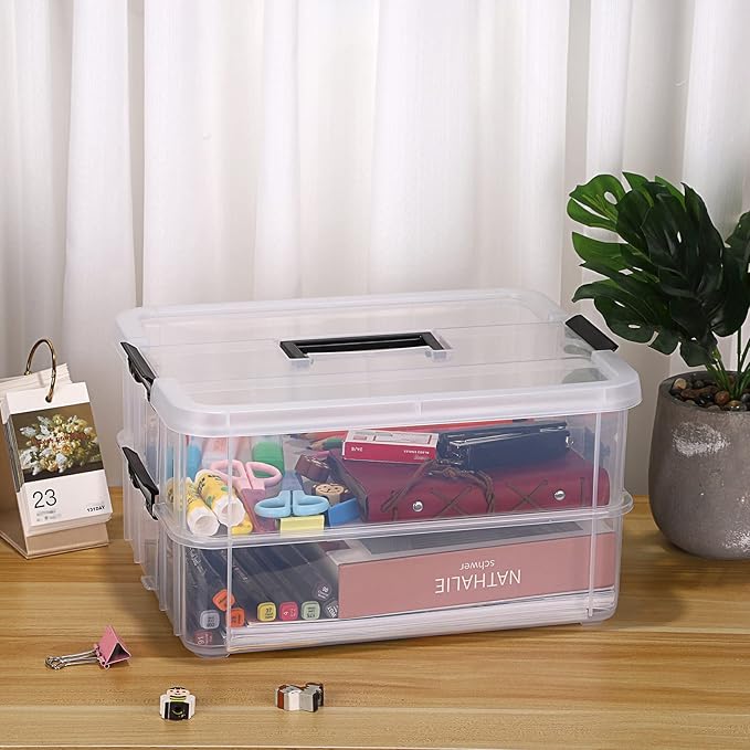 JUXYES 2-Tiers Stack Carry Storage Box With Handle, Transparent Stackable Storage Bin With Handle Lid Latching Storage Container for School & Office Supplies