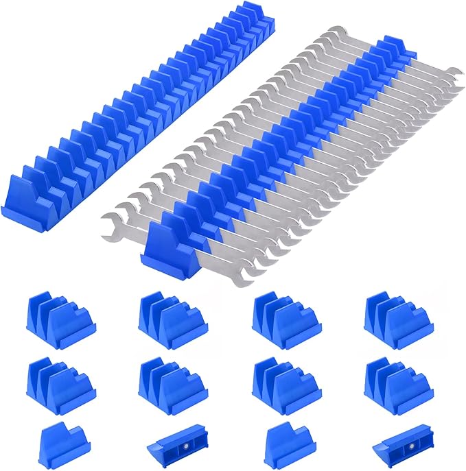 42 Pieces Modular Wrench Organizer Magnetic Wrench Holder Plastic Modular Tool Organizers with Label for Tool Drawer Storage (Blue, for 100 Wrenches)