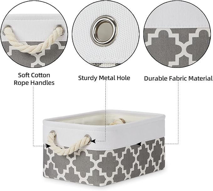Bidtakay Small Storage Basket Cute Storage Bins Collapsible Fabric Basket Set of 6 Canvas Organizer Bin Empty Gift Baskets Baby Nursery Toys 11.8 X 7.8 X 5 Inches(White&Quatrefoil Grey)