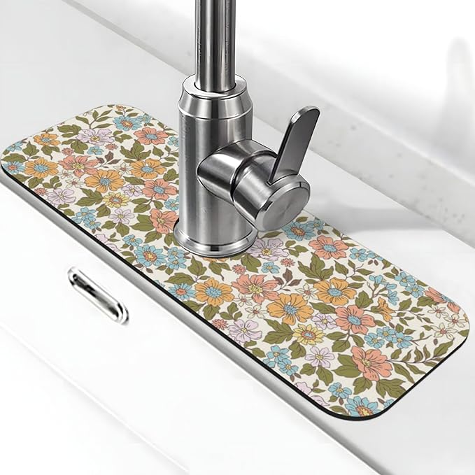 Faucet Draining Mat For Kitchen Sink, Colorful Flowers Floral Diatom Mud Absorbent Drain Pad For Bathroom Kitchen Sink Splash Guard Drying Mat