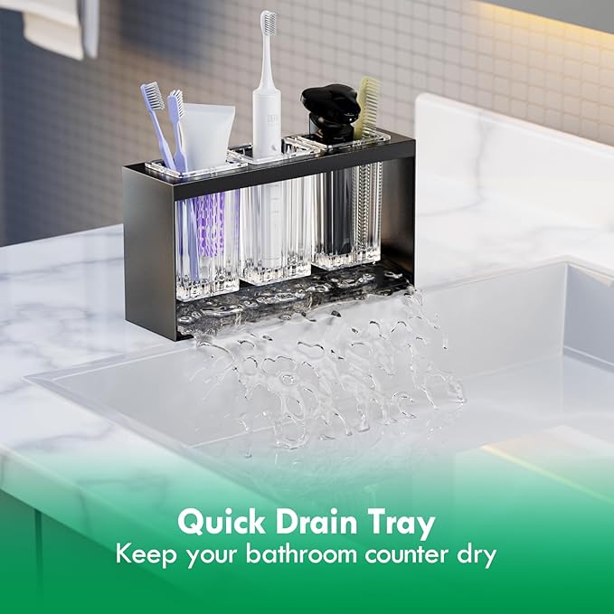 Toothbrush Holders for Bathrooms, Detachable Toothbrush Organizer with 3 Slots, Toothbrush and Toothpaste Holder Set for Countertop Accessories Storage, Tooth Brushing Holder, Black