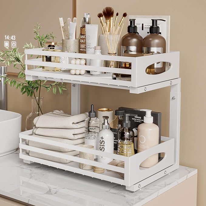 Under Sink Organizer, 2 Tier Under Sink Organizers and Storage, Adjustable Height, Slide out Metal Cabinet Organizers, Pull out Cabinet Storage Drawer Shelf for Kitchen Bathroom White 1Pack