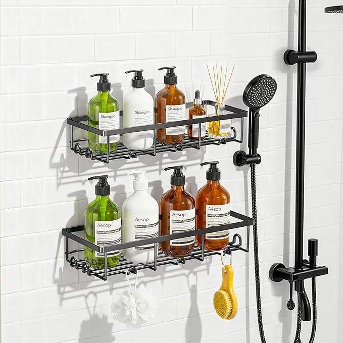 Shower Shelves for Inside Shower, 2 Pack Adhesive Bathroom Caddy Organizer Basket Rack for Storage and Organization, Wall Suction Bath Bathtub Shampoo Holder Set for RV Camper, Black