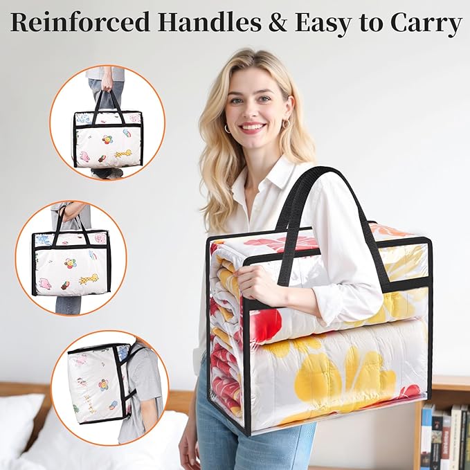 Clear Storage Bags, 4 Pack Under Bed Storage and Closet Organizers Containers, Vinyl Foldable Heavy-Duty Moving Bags with Zippers for Comforter, Bedding, Duvet, Blanket & Toy Storage, 40L