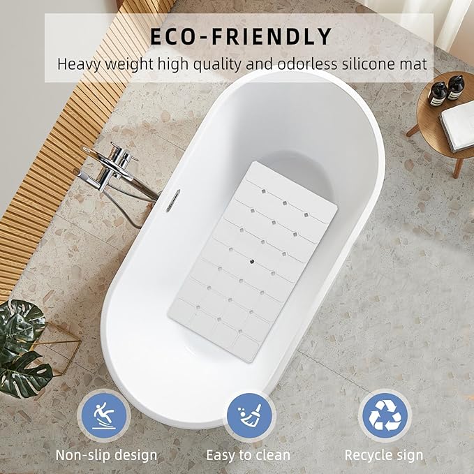 Bathtub Mat Non Slip 15" x 28" Silicone Foldable Tub Mat with Strong Suction Cups & Large Drain Holes, Durable & Eco-Friendly, for Smooth Surfaces, Ideal for Seniors, Adults White
