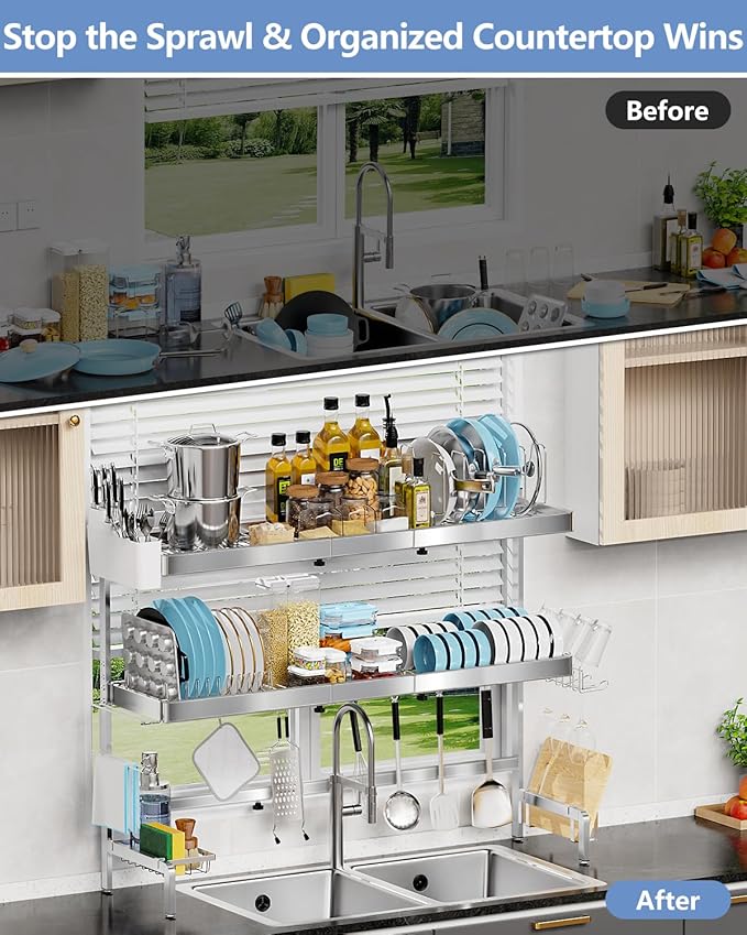 3 Tier Extra Large Over The Sink Dish Drying Rack, Expandable Stainless Steel Dish Drainer with Multifunctional Organizer, Space-Saving Above Sink Dish Rack with Large Capacity for Kitchen Counter