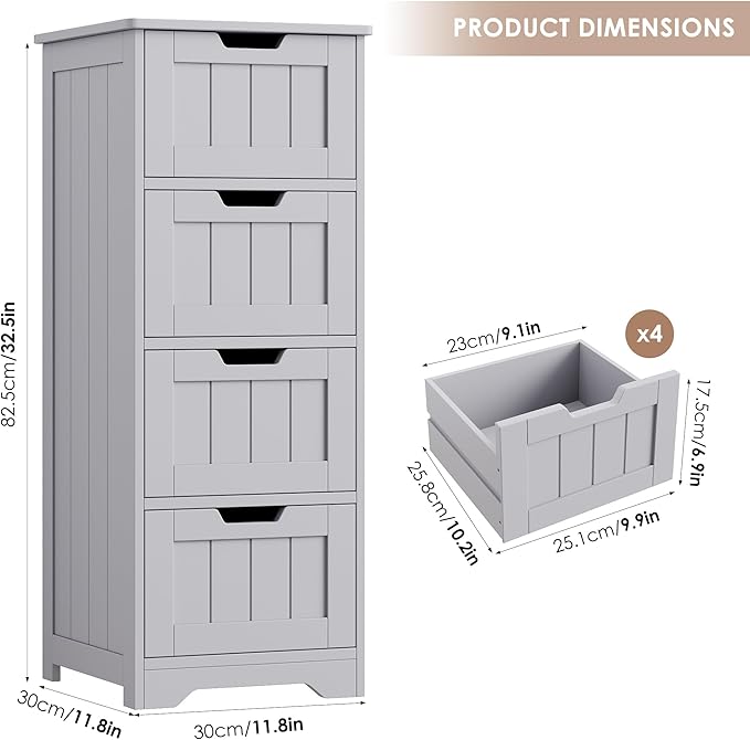 FOTOSOK Bathroom Storage Cabinet, Bathroom Cabinet with 4 Drawers, 11.8” x 11.8” x 32.5” Freestanding Entryway Cupboard Storage Organizer Unit Home Furniture Decor, Grey