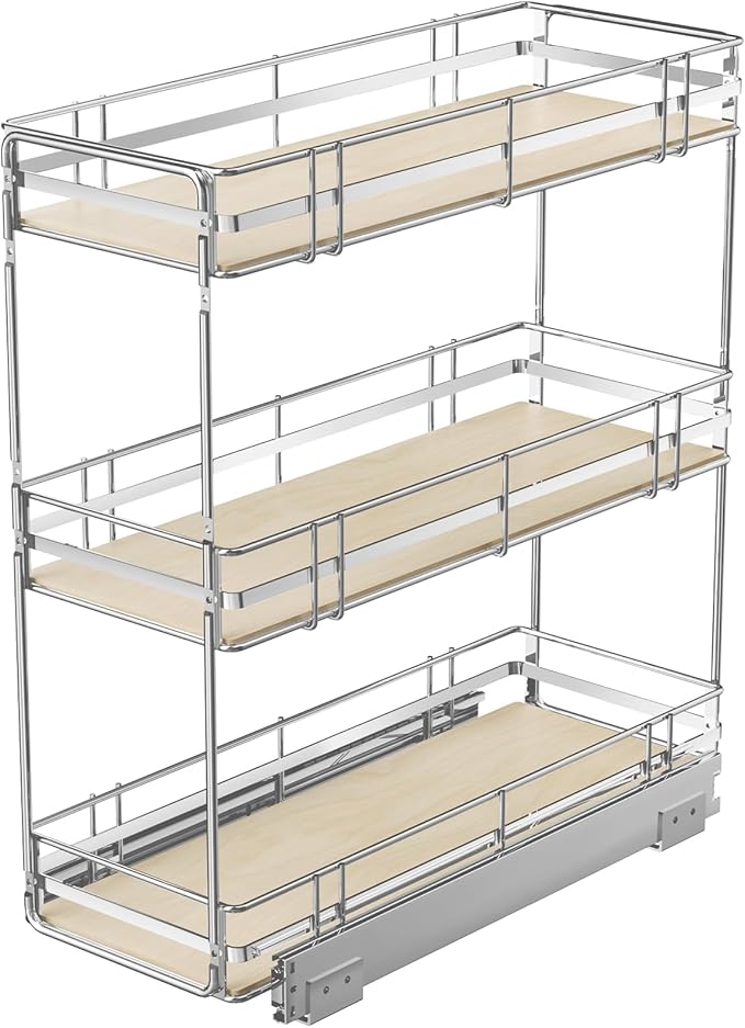 Pull Out Spice Rack Cabinet Organizer 9" W x 20½" D, 3 Tier Heavy Duty Slide Out Wood Shelf for Narrow Cabinet, Pull Out Storage for Kitchen