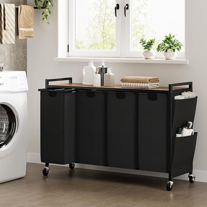 WOWLIVE 4-Compartment Laundry Hamper with Lid,Rolling Laundry Basket Organizer with Wheels, Iron-Made Laundry Sorter with Top Shelf and 4 Removable Bags,Large Clothes Storage for Room,Black