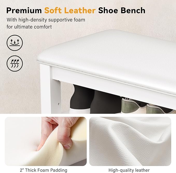 Taitiy Shoe Bench Storage Rubberwood with Leather Cushion for Entryway Bench Ideal for Hallways Shoe Rack Front Doors Entrances Mudrooms Featuring 3 Height-Adjustable and Removable Shelves