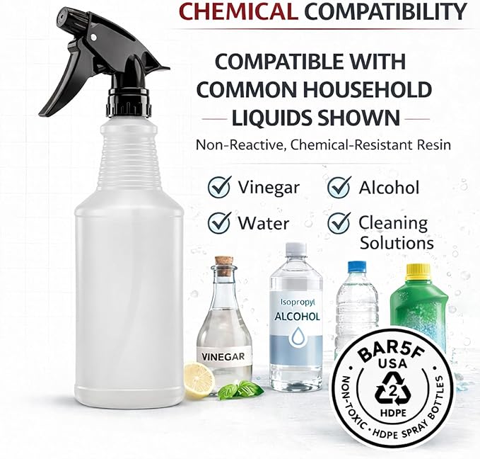 Bar5F Spray Bottles, 24oz, 3 Pack, Chemical-Resistant, BPA-Free, Compatible with Vinegar, Rubbing Alcohol, Cleaning Solutions, Non-Toxic HDPE Bottle for Plants, Pet, BBQ, Auto Detailing, Made in USA