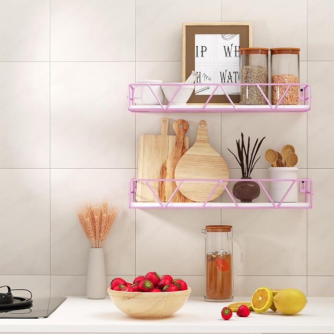 Floating Shelves Set of 3, Home Wood Wall Shelf, Farmhouse Shelf for Bedroom, Wall Mounted Floating Shelf for Living Room, Bedroom, Bathroom, Kitchen, Office (Pink)