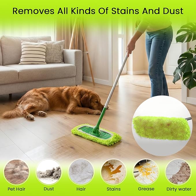 2-in-1 Reusable Microfiber Mop Pads Compatible with Swiffer Sweeper for Wet Mopping & Dry Sweeping, Two Types of Washable Heavy-Duty Mop Pad Refills for Multiple Floor Types Cleaning - 4Pcs, Green