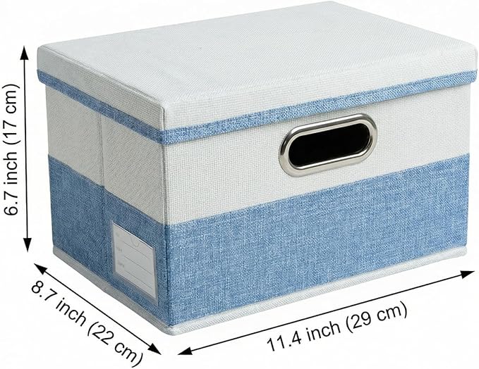 PRANDOM Storage Bins with Lids [3-Pack] Linen Fabric Foldable Storage Boxes Organizer Containers Baskets Cube with Cover for Bedroom Closet Office Blue&White（11.4X8.6X6.7
