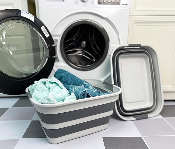 SMMART Collapsible Plastic Laundry Basket with Handle/Foldable Pop Up Storage Hamper/Portable Laundry Organizer-Space Saving Washing Tub/Household Storage Supplies (Grey/Steel Grey, 27L (Set of 2))