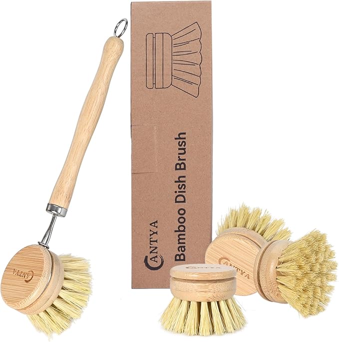 Bamboo Dish Brush with Handle - Soft Bristle, Eco-Friendly Vegetable Brush Scrubber for Food, Compostable & Sustainable, Bamboo Dish Scrubber for Cleaning Kitchen Utensils