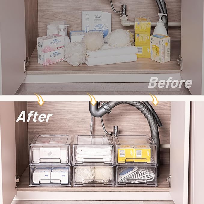 6 Pack Stackable Storage Drawers, Plastic Clear Organizer Bins with Handles for Undersink, Kitchen Cabinet, Fridge, Closet, Pantry, Office, Bathroom