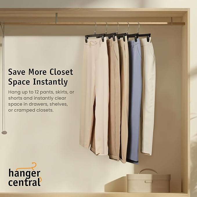 Hanger Central 12 Pack Pants Hangers – 12 Inch Slim Plastic Clothes Hangers with Clips for Skirts, Pants, Shorts – Space Saving Heavy Duty Closet Organizer with Non Slip Grip & Swivel Hook – Black