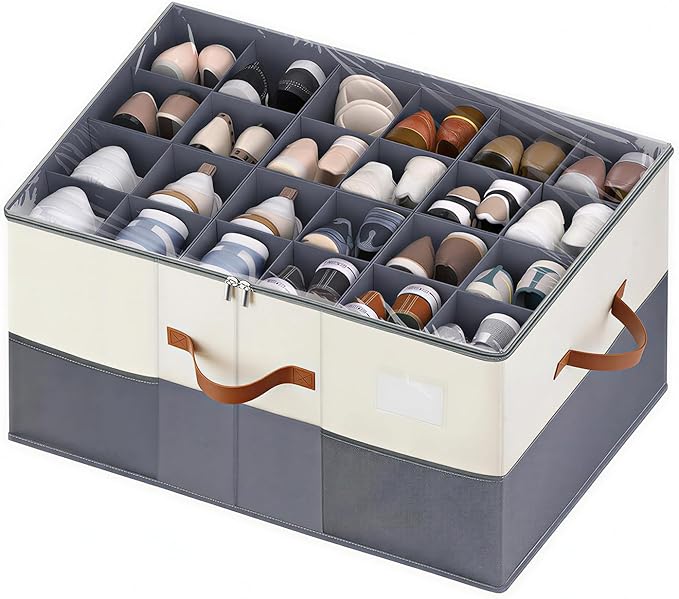 1 Pack Shoe Organizer for Closet Fit 12-24 Pairs with Adjustable Dividers, Large Foldable Shoe Storage Containers Box Bin w with Clear Lid and 4 Handles,with 2 mesh pockets,with Category Lable