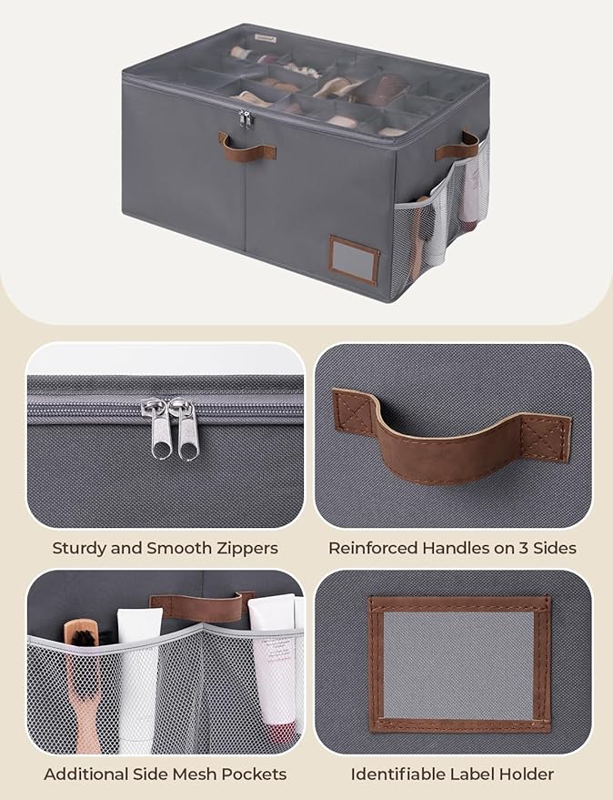StorageWorks Shoe Organizer for Closet, Fits up to 20 Pairs, Shoe Cubby Storage Containers with Side Mesh Pocket and Clear Cover, Grey