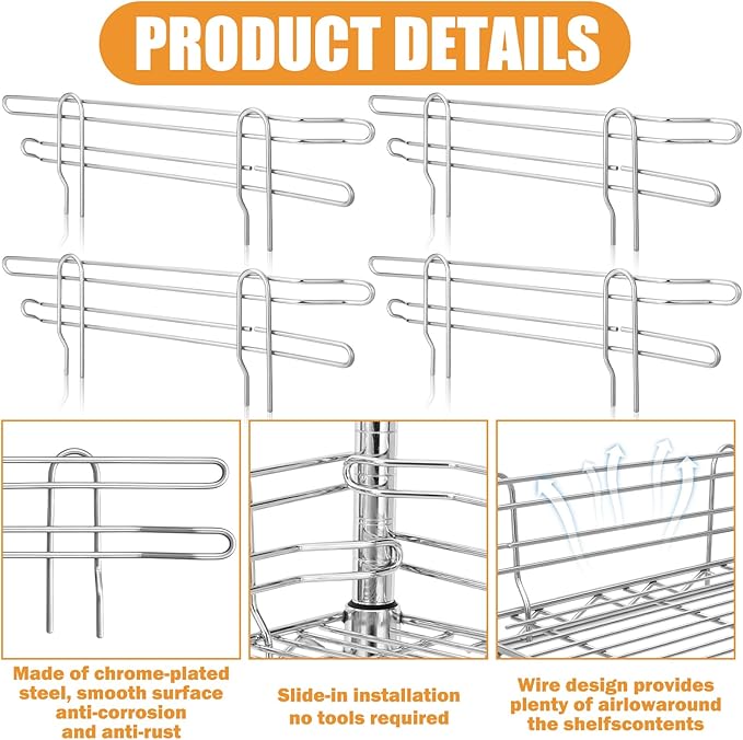 4 Pcs Chrome Wire Shelf Ledge 18" L x 5" H Wire Shelving Side Ledge Metal Shelves Accessories Pantry and Garage Storage (Silver)