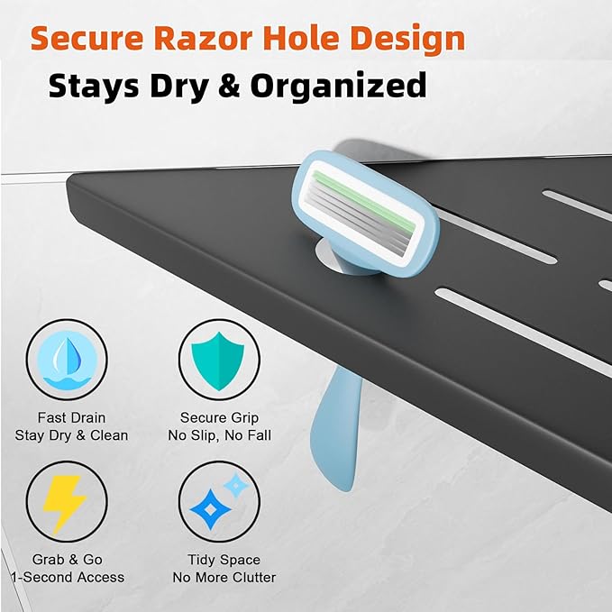 Corner Shower Shelf with Razor Hole, Modern Sturdy Shower Caddy, 10" 304 Stainless Steel Shower Organizers Bathroom Shelf for Tile Wall, No Drilling Grout Mount Shelf for Shower,Bathroom Accessories