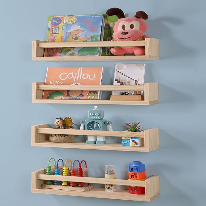 Nursery Room Shelves Set of 4, Wood Floating Book Shelves for Kids Room, Baby Book Shelf for Nursery, Kitchen Spice Rack (Natural Wood)