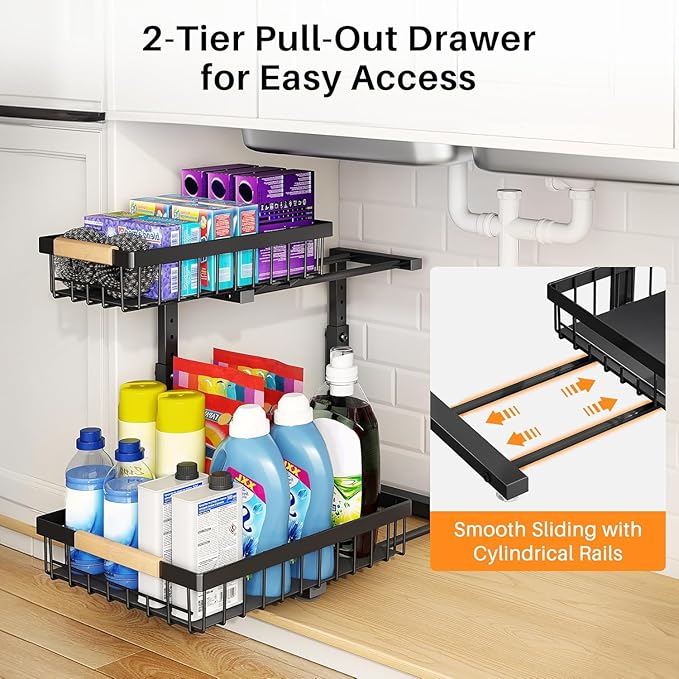 PXRACK 2 Pack Under Sink Organizer,Adjustable Height,2 Tier Pull Out Under Cabinet Organizer,Slide Out Thickened Metal Under Sink Storage for Kitchen Bathroom Laundry Cabinet Pantry,Black