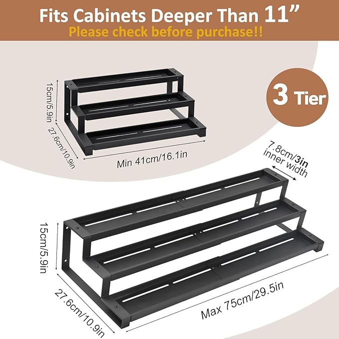 GOENDR Expandable Spice Rack Organizer for Cabinet, 3 Tier Metal Spice Organization,16"-29.5" Wide Adjustable Seasoning Organizer, Display Shelf, Canned Goods Organizer for Pantry Kitchen Countertop