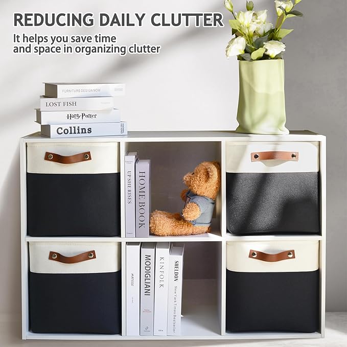 4-Pack Foldable Fabric Storage Cubes 11x11 Inch, Sturdy Cube Organizer Bins with Leather Handles, Storage Baskets for Closet Shelves and Home Organization(White/Black)