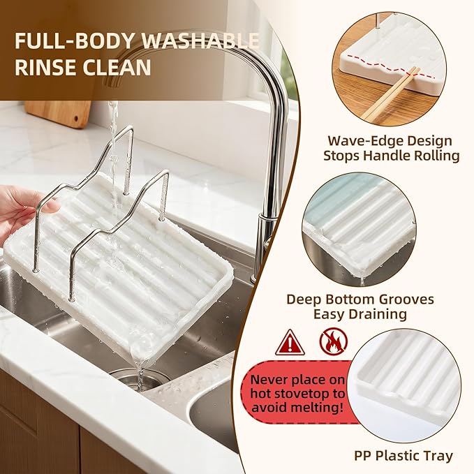 2 in 1 Pot Lid Holder & Spoon Rest for Kitchen Counter, Plastic Utensil Rest with Stainless Steel Pan Lid Holder Organizer While Cooking, Countertop Space Saving Pot Cover Rack | Easy to Clean