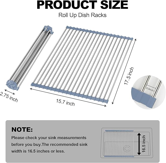 NEZUIBAN Dish Drying Rack with Roll Up and Over Sink for Kitchen,17.5"x11.8",Gray