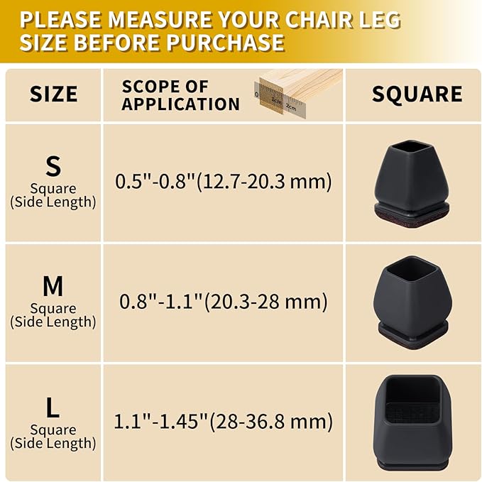 Ezprotekt 24 Pcs Square Silicone Chair Leg Floor Protectors, Felt Furniture Pads Covers for Table, Bar Stool Leg Floor Protectors Caps, Chair Socks Sliders for Wood Floors (Fit 0.8"- 1.1", Black)