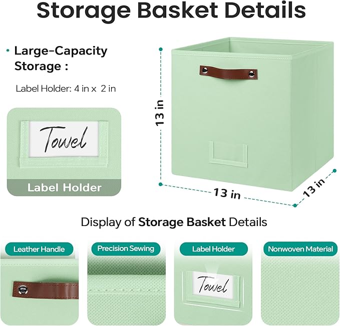 6-Pack Storage Cubes with Handles & Label Holders Basket, Closet Cube Home Organizer Bins(Green, 13 x 13 x 13 inch)