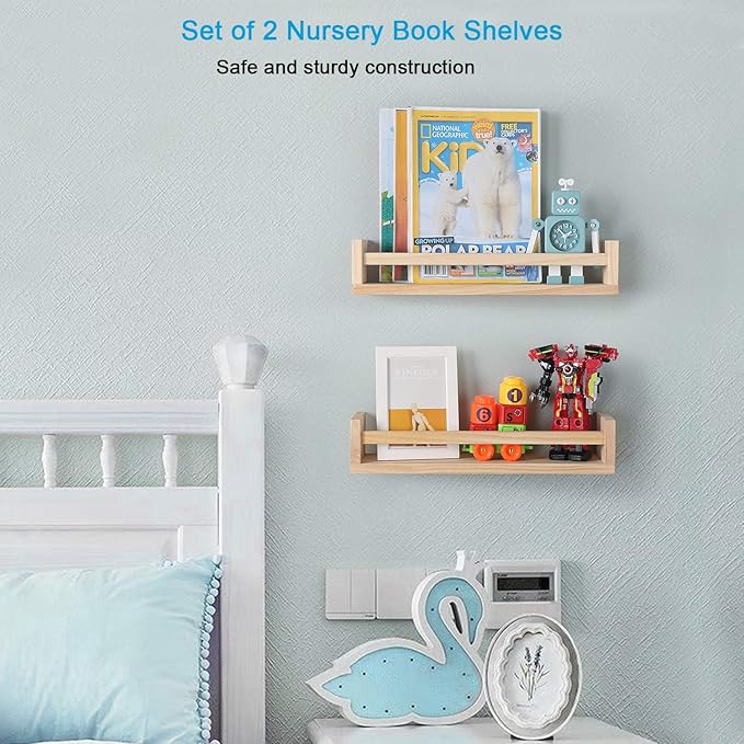 Nursery Book Shelves, Set of 2 Wood Floating Book Shelves for Kids Room, Kitchen Spice Rack, or Rustic Wall Mounted Shelves for Farmhouse Bathroom Décor (Natural Wood)
