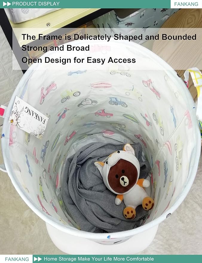FANKANG Storage Basket, Nursery Hamper Canvas Laundry Basket Foldable with Waterproof PE Coating Large Storage Baskets for Kids Boys and Girls, Office, Bedroom, Clothes,Toys（Car）